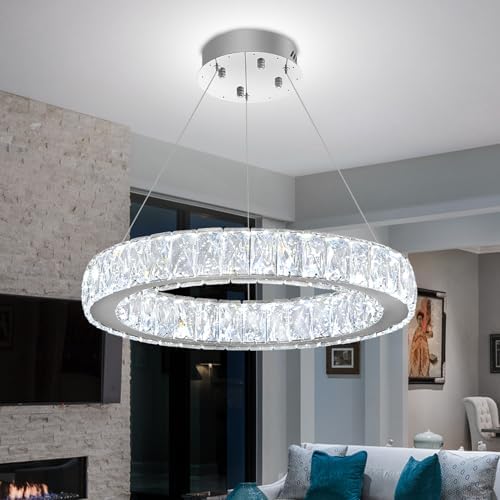 Modern LED 23.6" Ring Chandelier for Dining Room Living Room Dimmable Crystal Pendant Light Adjustable Round Chrome Crystal Chandelier - Image 2