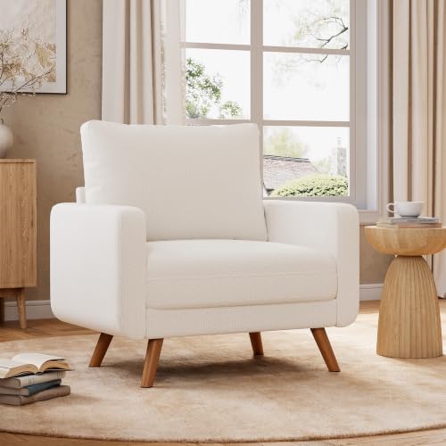 Oversized Accent Chair for Living Room, Mid Century Modern Accent Chairs,Chenille Living Room Armchairs,Bedroom Reading Chair with Widen Arm Rest, Cozy Single Sofa Chair, White by Glirun