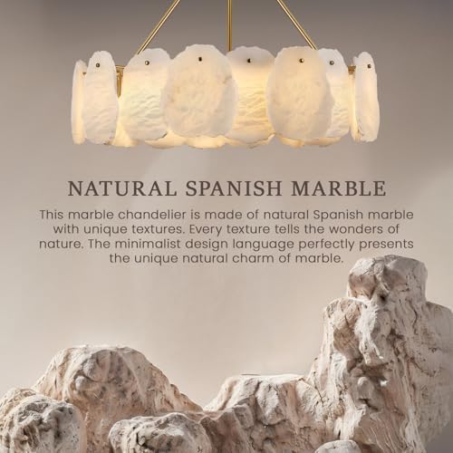 Alabaster Chandelier, D24in Round Spanish Marble Chandeliers for Dining Room, Adjustable Natural Marble Chandelier, Dining Chandeliers Over Table for Living Room, Bedroom, Bathroom, Kitchen, Foyer - Image 3