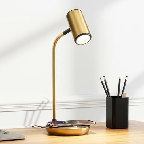 Brightech Ezra Office Desk Lamp – Wireless Charging Pad and Color Temperature Changing Light Options – Living Room or Den Table Light for Art Deco, Mid-Century, Contemporary Décor - Brass by Brightech