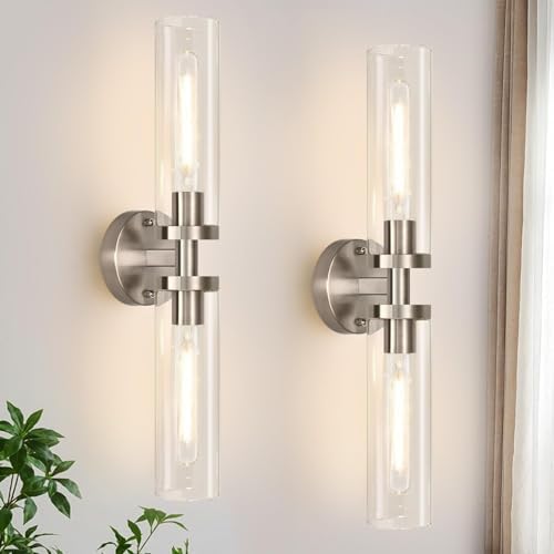 Wall Sconces Set of Two, Hardwired Brushed Nickel Bathroom Sconces Wall Lighting with Clear Glass, Modern Sconces Wall Decor Set of 2 Bathroom Light Fixtures for Mirror Hallway (Bulbs Not Included) by Indoibrightenyourbathroom