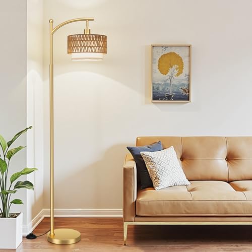 Ambimall Arc Floor Lamp with Remote & Rattan Double Shades, Gold Rustic - Image 2
