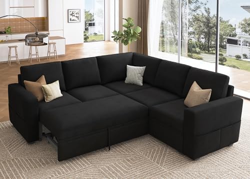 HONBAY Modular Sectional Sleeper Sofa with Pull-Out Bed, Velvet L-Shaped Sofa with Storage Seat, Sectional Sofas for the Living Room, Black by HONBAY