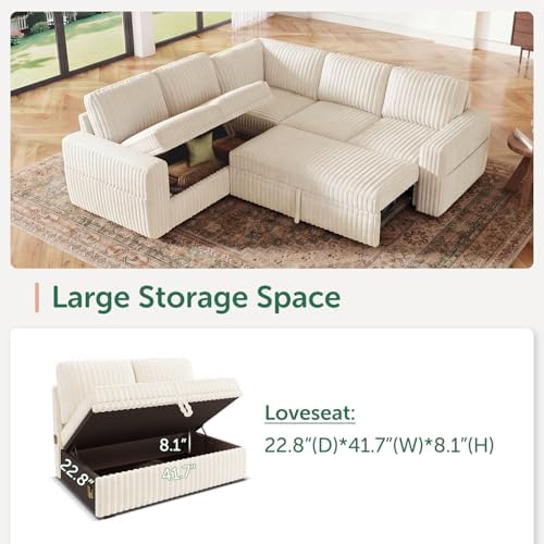 HONBAY Modular Sectional Sleeper Sofa with Pull Out Bed,Corduroy L Shaped Couch with Storage, Sectional Couches for Living Room,Beige - Image 3