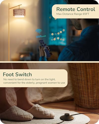 EDISHINE Rattan Arc Floor Lamp with Remote,Gold Farmhouse Standing Lamp - Image 5
