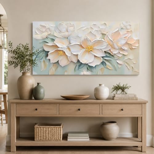 Anolyfi Large White Floral Canvas Wall Art for Living Room Bedroom 40"x20" - Image 2