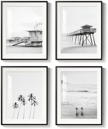 Framed Coastal Beach Black and White Wall Art for Living Room, 11x14 Inch by MXART