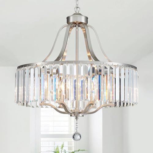 Modern Crystal Chandeliers Round 6-Light Large Brushed Nickel Pendant Lighting Fixture for Dining Room Living Room Kitchen Island Bedroom Hallway 21.7" Adjustable Height Hanging Lamp by peksoe