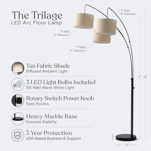 Brightech Trilage Arc Floor Lamp - Large Standing Lamp with 3 Fabric Shades & LED Bulbs for Living Room Over the Sofa, Reading, Multi-Head Traditional Tree Floor Lamp for Bedroom - Black - Image 3