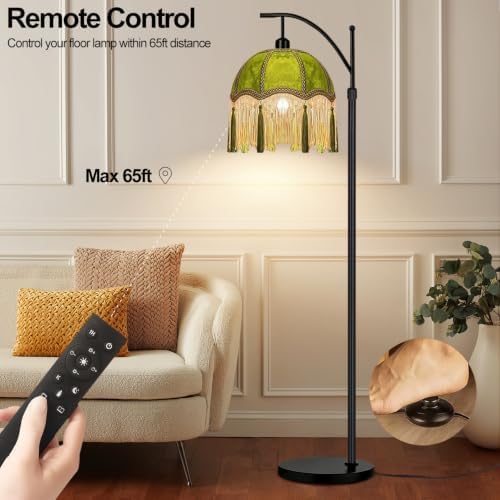 Arc Floor Lamp for Living Room,Bedroom,Standing Lamp with Remote Dimmable,Green Mid Century Black Tall Lamp Boho Vintage Retro Fringe Tassel Flower Velvet Unique Lamp Victorian Tiffany Decor - Image 3