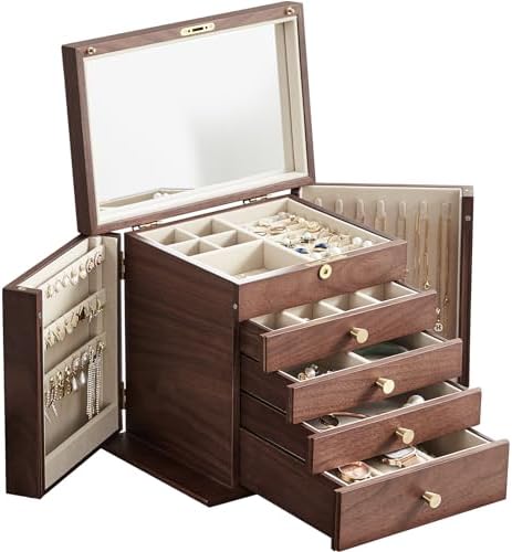 CHOSIN Black Walnut Wooden Jewelry Box for Women with Mirror, 5 Drawers and 2 Side Doors for Watches, Necklaces, Rings, Earrings Storage, Ideal Gift for Her by CHOSIN