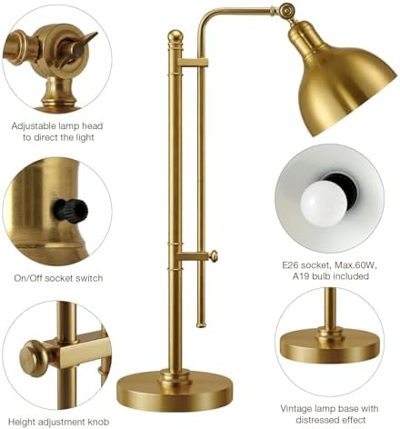 PARTPHONER Industrial Adjustable Desk Lamp for Home Office, Farmhouse Table lamp 29''-38'', Rustic Metal Task Desk Lamp in Brushed Gold Finish, Vintage Reading Lamp for Study Room，Gold - Image 7