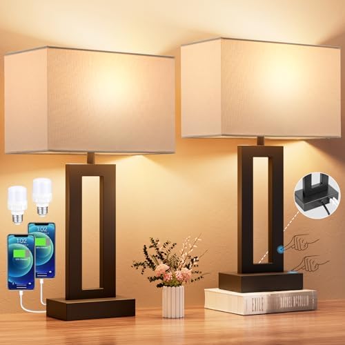 Nightstand Table Lamps for Bedrooms Set of 2 - Touch Bedside Lamp with USB C+A, 3 Way Dimmable Living Room Lamps for End Tables Set of 2, Modern Night Stand Lamps for Bed Side Guest Room(White) by SeealleLighting