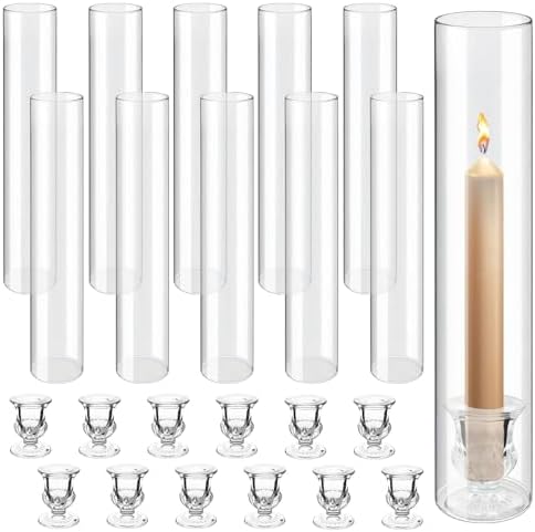12 Sets Glass Hurricane Candle Holders - 12.6” Glass Candlestick Holders with Clear Tall Cylinder Candle Sleeves for Wedding, Christmas Table Decor (12) by CAYOREPO