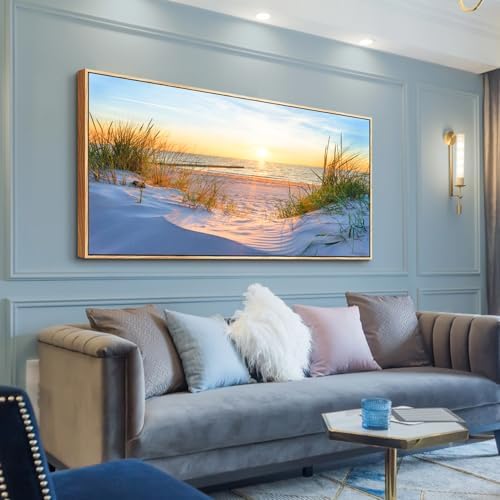 MHARTK66 Sunset Beach Wall Art for Living Room Golden Sunlight Sea Grass Dune Blue Ocean Seascape Picture HD Print On Canvas for Bedroom Office Home Decoration Framed Artwork Ready to Hang 30"x 60" - Image 2