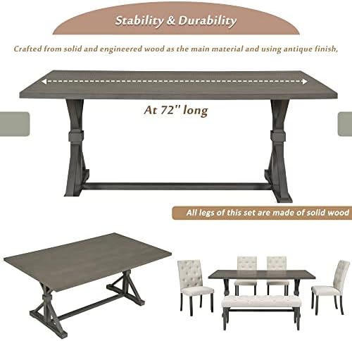 Mirightone 6-Piece Farmhouse Dining Table Set for 6 Rectangular Table Set with 4 Upholstered Chairs and Bench, Solid Wood Dining Table Set for Kitchen, Dining Room (Grey) - Image 5