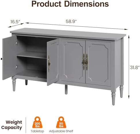 RoyalCraft Buffet Cabinet with Storage, 59" Vintage Sideboard with Adjustable Shelves, Mid Century Modern Painted Credenza Coffee Bar for Kitchen, Dining Room, Entryway, Living Room, Dove Gray - Image 2