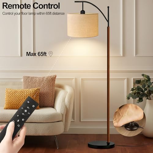 ILLMTW Arc Floor Lamp for Living Room,Bedroom,Vintage Mid Century Modern Standing Lamp with Remote Dimmable,Wood Boho Black Tall Lamp Fabric Lamp Shade Floor Lights Bohemian Tiffany Style - Image 4