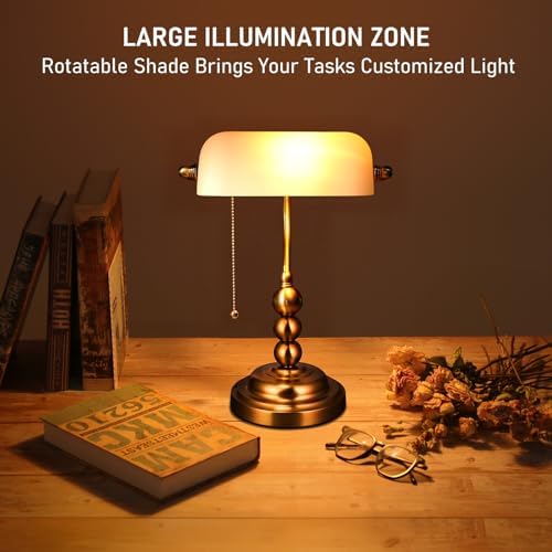 TORCHSTAR Ivory White Glass Bankers Desk Lamp with Pull Chain, E26 Base - Image 4