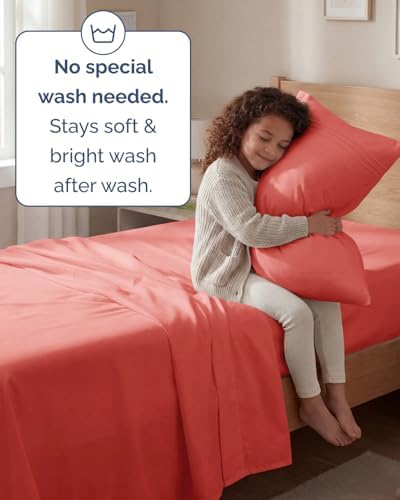 Twin Size 3 Piece Sheet Set - Comfy Breathable & Cooling Sheets - Coral - Image 6