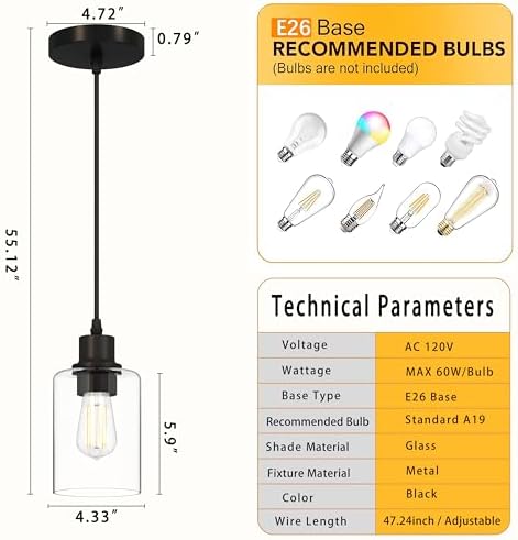 Black Pendant Lights Kitchen Island,Farmhouse Glass Hanging Light Fixtures - Image 2