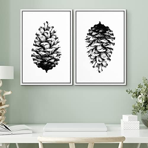 SIGNWIN Framed Canvas Print Wall Art Set Black & White Forest Woodland Pinecone Nature Wilderness Illustrations Modern Art Rustic Relax/Calm for Living Room, Bedroom, Office - 24"" x36 x2 White - Image 2