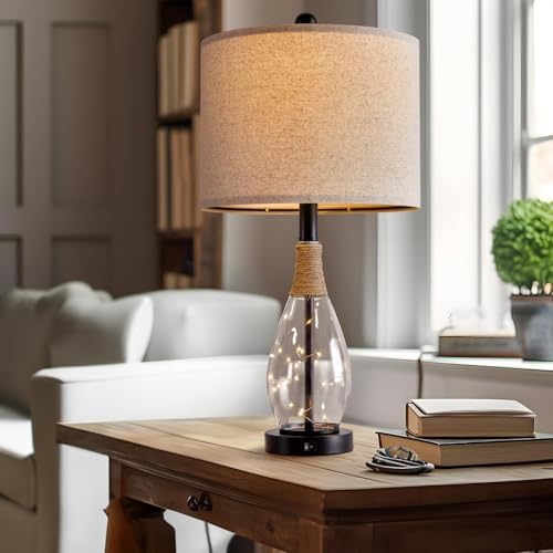 OYEARS Bedside Table Lamp with USB, 23‘’ Black Modern Nightstand Lamps for Bedroom, Retro Rattan Table Lamps for Night Stands, Living Room, Farmhouse Table Lamp with Glass Nightlight Lamps - Image 7