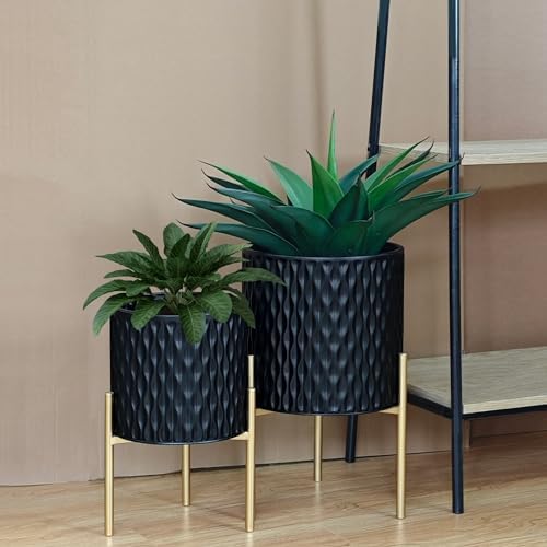 ARNIS Plants Pots with Stand, Set of 2 Planters, Unique Mid Century Decorative Metal Flower Pots with Drainage, 8.25 & 10.5 Inch, Black - Image 2