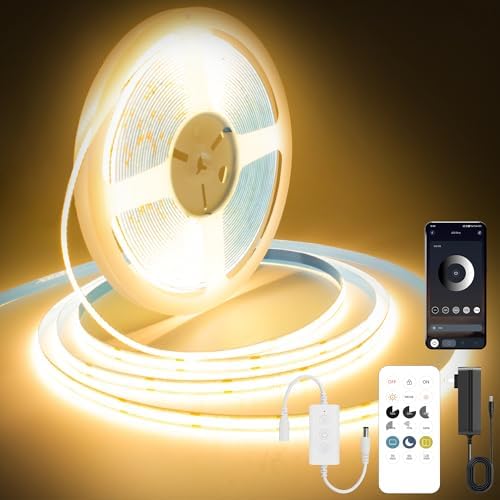 Pandery COB LED Strip Lights Warm White,24V Dimmable led Light Strip KIT with Remote and app Control,2700K 25FT/7.5m 8mm Wide Ra>90 Cuttable Flexible Strip Lights for Bedroom,Wardrobe,Cabinet by PanderyCOBLightUPYourLife