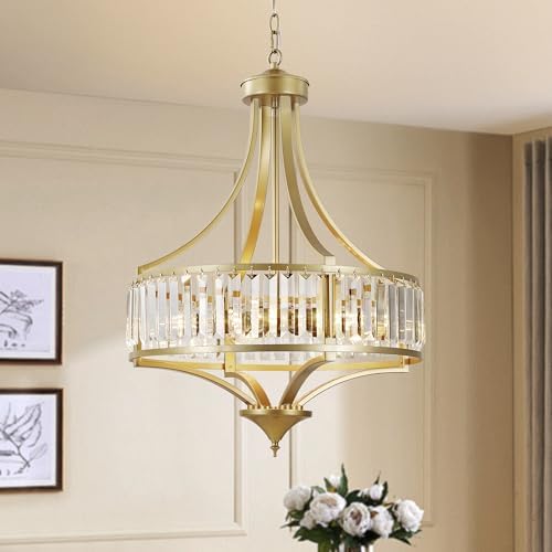 CNRATYE 20" Modern Crystal Chandelier, 5-Light Gold Dinning Room Light Fixtures Over Table, Hanging Round Pendant Chandelier for Kitchen Island Entryway Bedroom Office Bathroom Stairwell by CNRATYE