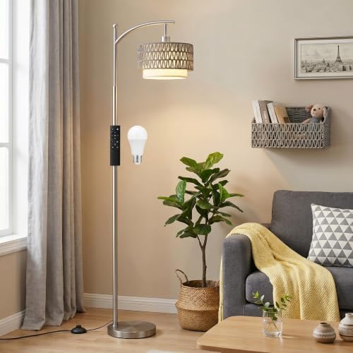 Ambimall Arc Floor Lamp with Remote & Rattan Double Shades, Gray Rustic by Ambimall