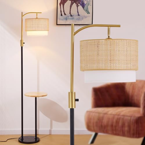 Dimmable Floor Lamp with Table and Marble Base, Arc Floor Lamp with Bulb, Boho Farmhouse Standing lamp with Fabric & Bamboo Shades for Living Room Bedroom by Asmymhd
