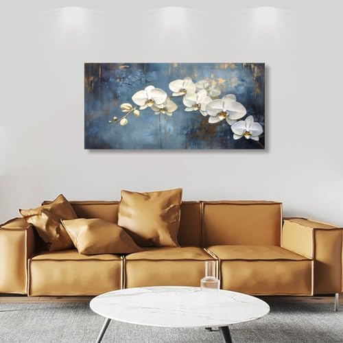 Abstract White Butterfly Orchid Canvas Wall Art for Living room Office Bedroom Flowers Wall Art Print Oil Paintings Modern Blue Gold Rain Mist Pictures Wall Decor Artwork Ready to Hang - 20in * 40inch - Image 4