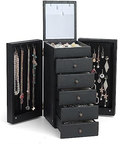 Meangood Jewelry Box Wood for Women, 6-Layer Large Organizer Box with Mirror & 5 Drawers for Rings, Earrings, Necklaces, Vintage Style, Black by Meangood