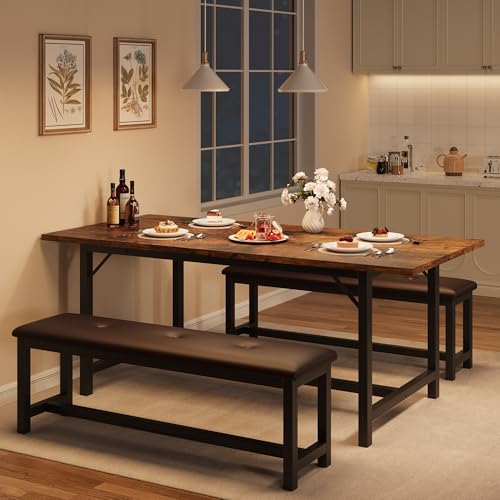 IDEALHOUSE 3 Piece Dining Table Set for 4-6, 63" Extendable Thick Metal Frame Kitchen Table with 2 Upholstered Benches Set for 6, Rectangle Wooden Dinette Table Set for Dining, Apartment, Retro Brown by IDEALHOUSE