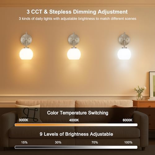 Brushed Nickel Battery Operated Wall Sconce Set of 2, Wireless Rechargeable Sconces Wall Lighting with Remote Control, LED Wall Lights with Opal White Glass Shade, 12 Colors RGB & 3 CCT Bulb - Image 5