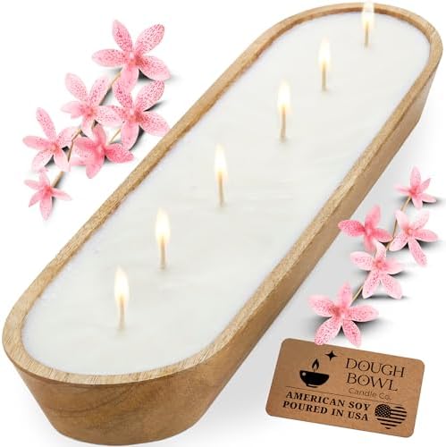 Dough Bowl Candle Co. Sea Salt and Orchid Soy Candle - 6 Wick Rustic Farmhouse Coffee Table Decor, Odor Eliminator in Wooden Bowls, 32 Oz Wooden Dough Bowl Candle, All-Natural Gifts for Women and Men by Dough+Bowl+Candle+Company