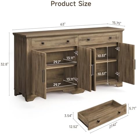 ONBRILL 63" Sideboard Buffet Cabinet, Large Credenza Washed Brown - Image 3