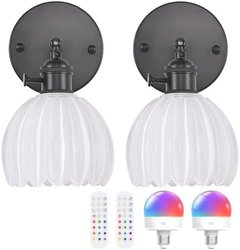 Shenmoyl Vintage Battery Operated Wall Sconce with White Tulip Glass Lampshade Rechargeable Battery Powered Black Wall Light with Remote Control for Bedside Bedroom Doorway, Set of 2 by Shenmoyl