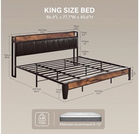 LIKIMIO King Size Bed Frame with Storage Headboard and Charging Station - Image 2