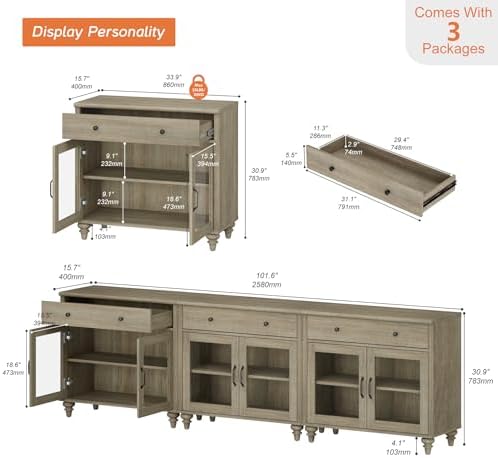 WAMPAT Sideboard Buffet Cabinets with 6 Glass Doors, Large Kitchen Storage Cabinets, Wooden Coffee Bar Tables with Vintage Gourd Leg, Sideboard Credenza Table for Dining Room, Living Room, Wash Grey - Image 2