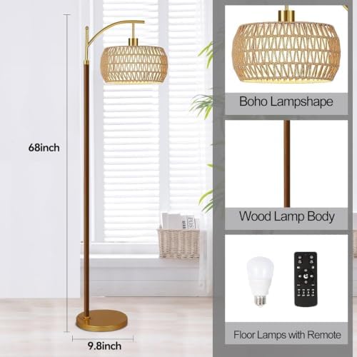 ZECOXOL Wood Floor Lamps for Living Room Arc Boho Floor Lamp with Remote Control & 3 Color Temperatures,Vintage Wicker Rattan Standing Lamp Dimmable Tall Floor Lamp for Bedroom Living Room Corner - Image 5