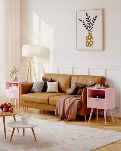 JOONEE Nightstand with Oultlet,Modern Bedside Table with Storage Drawer and Open Wood Shelf, for Living Room, Bedroom and Small Spaces, Accent Night Stand with Solid Wood Legs, Easy Assembly,Pink - Image 5