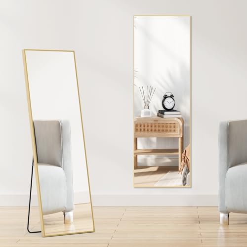 DUMOS Gold Full Length Mirror 59"x16.5" Full Body Floor Mirror for Bedroom or Cloakroom, Can Stand Alone, Hang or Lean Against Wall, Tall Wall Mirrors with Stand and Sleek Aluminum Alloy Thin Frame by DumosLifestyle