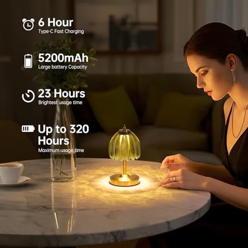 Shenmoyl Set of 2 Tulip Table Lamp with 5200mAh Battery & Touch Control, Cordless Small Table Lamp with 3 Colors, Rechargeable Battery Operated Table Lamps for Nightstand, Bedroom (Green Tulip) - Image 6