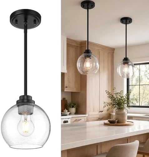 Pendant Lights Kitchen Island, 7" Modern Black Hanging Lights Fixtures with Clear Seeded Glass Globe Shade, Kitchen Island Lighting for Bathroom, AD-22280-1P-BK-S by Audickic