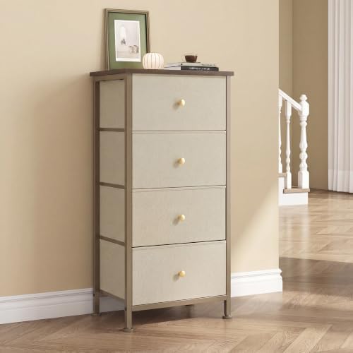 DUMOS Nightstand with 4 Drawers Bedside Table with Removable Fabric Bins Sturdy Steel Frame Wood Top Organizer Furniture for Bedroom Closet Living Room, Tan by DumosLifestyle