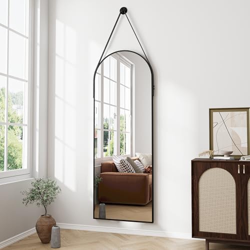 Full Length Mirror, Arched Wall Mounted Mirror, 48"x16" Door Mirrors with Hanging Leather Strap, Wall Mirrors Full Length with Aluminum Frame for Bathroom Living Room Entryway (Black) by ZMYCZ