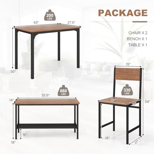 COSTWAY Dining Table Set for 4 w/Bench & 2 Chairs, Storage Racks, Brown - Image 6