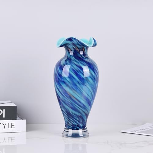 12" Tall Hand Blown Glass Vase – Pretty Ruffle Wide Mouth Decorative Flower Vase, for Modern Home Decor, Ideal Centerpiece for Living Rooms, Wedding & Home Decor - Image 4